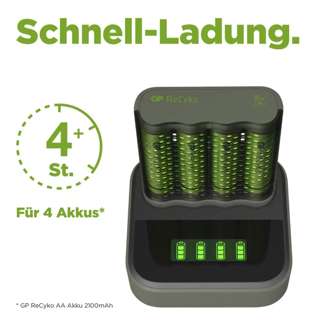 USB fast charger with docking station, LCD charge level display for 4 AA / AAA NiMH batteries including 4 ReCyko (AA) 2600mA