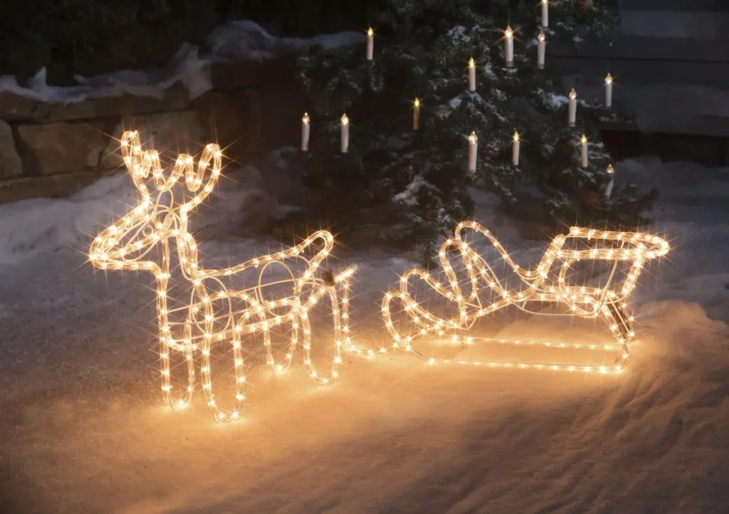 Reindeer with sleigh for outdoor use, warm white