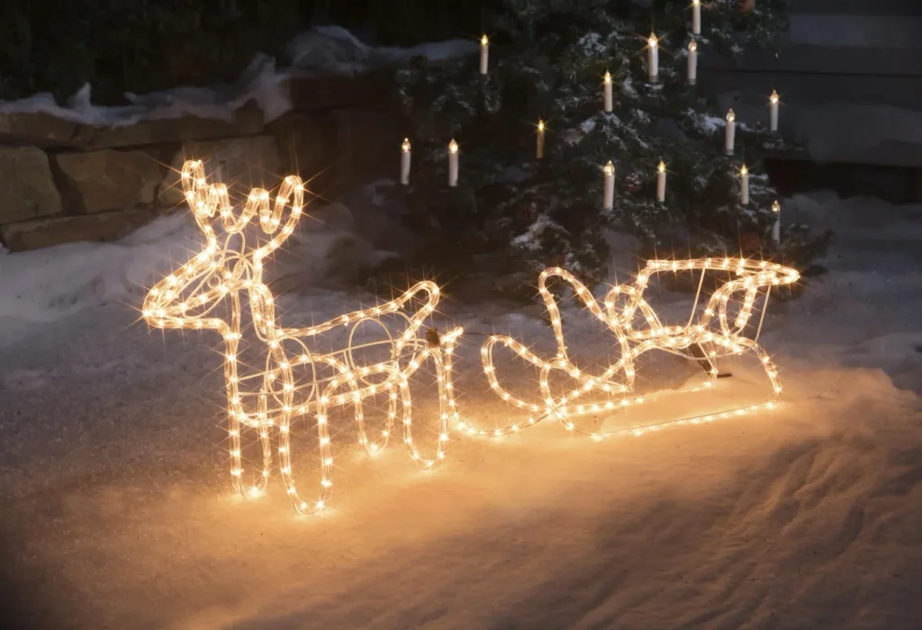 Reindeer with sleigh for outdoor use, warm white