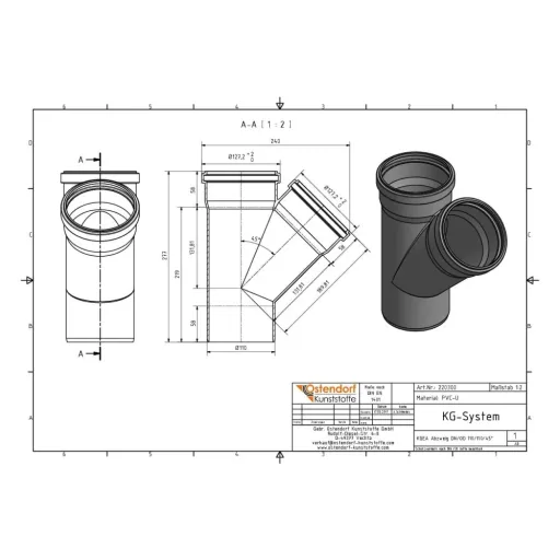 DN 110 Sewer Pipe Branch, 45 Degree Drain Pipe Fitting