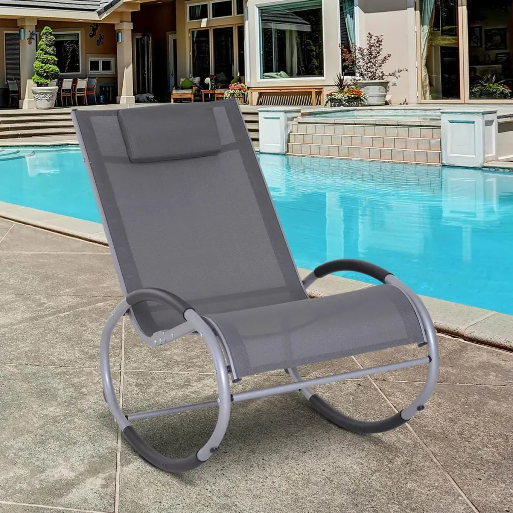 Rocking chair, rocking lounger, garden lounger, swing lounger with pillow, weatherproof, aluminum + texteline, gray, up to 120 kg 120