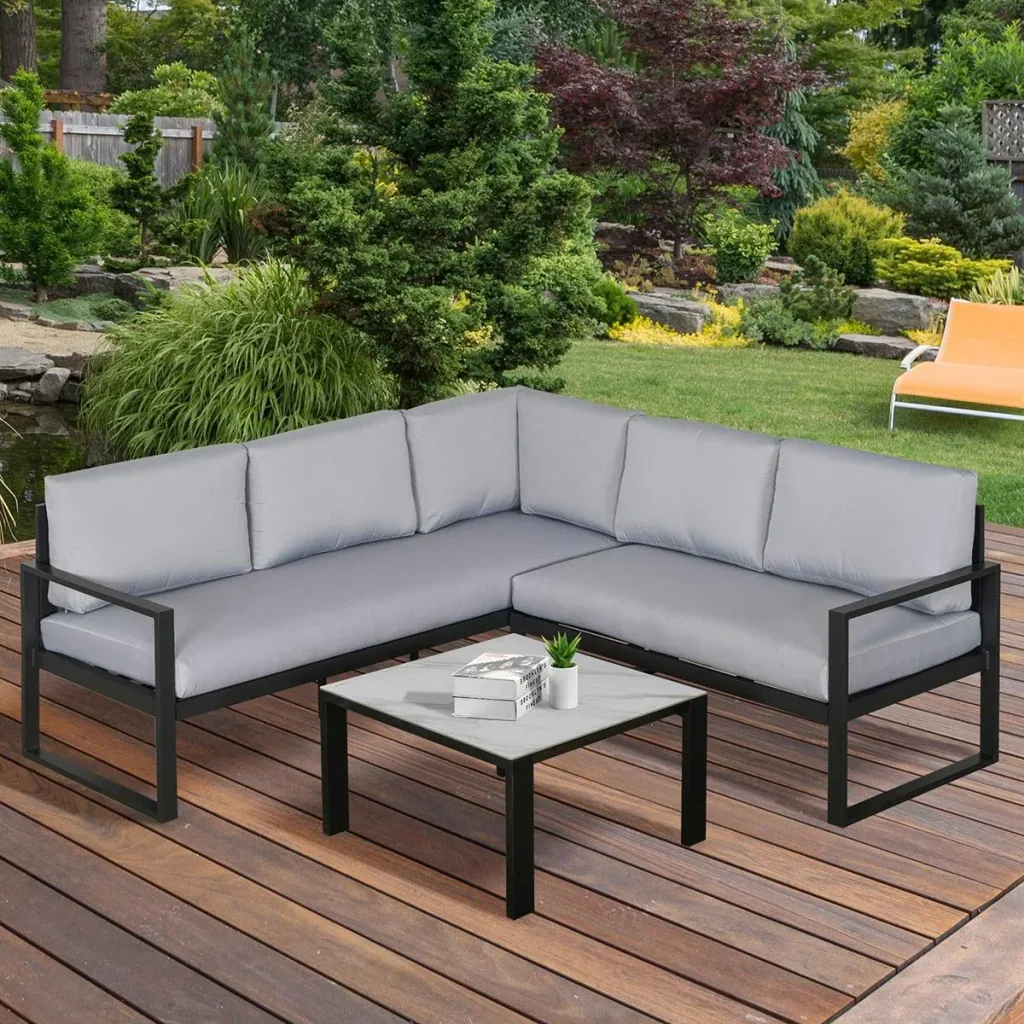3-piece garden furniture set, garden set, seating group with coffee table, sofa with cushions, outdoor, aluminum, gray