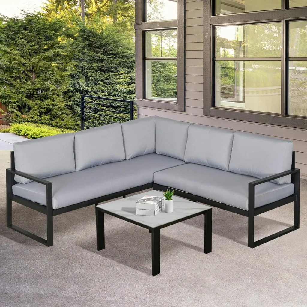 3-piece garden furniture set, garden set, seating group with coffee table, sofa with cushions, outdoor, aluminum, gray