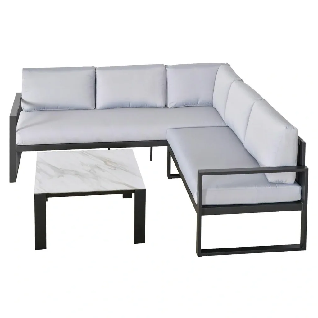 3-piece garden furniture set, garden set, seating group with coffee table, sofa with cushions, outdoor, aluminum, gray