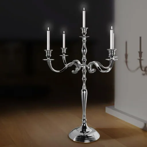 Candlestick silver shiny aluminum 60cm 5-armed candelabra