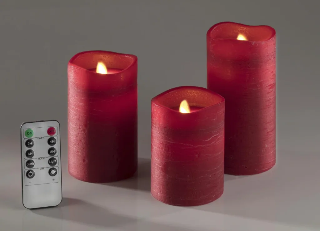 LED real wax candles with timer and flickering light - set of 3 in red