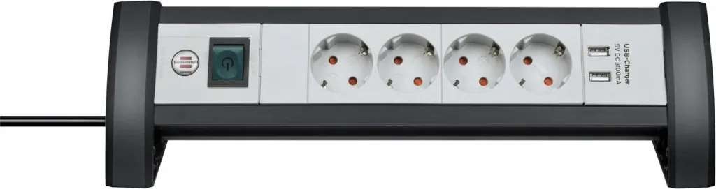 Premium Office Line 4-way power strip with 2 x USB, black/grey
