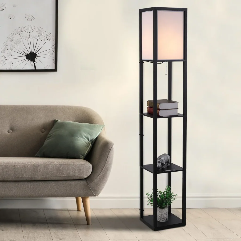 Floor lamp with shelves interior lighting floor lamp E27 up to 40W wood black 26 x 26 x 160 cm
