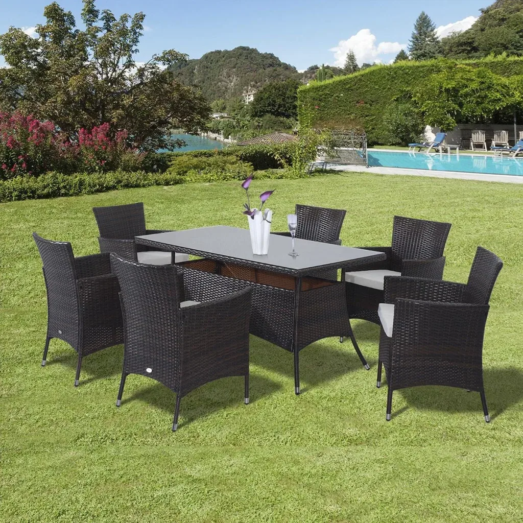 7-piece polyrattan garden furniture rattan garden set seating group dining group including cushions for 6 people brown + cream white 150