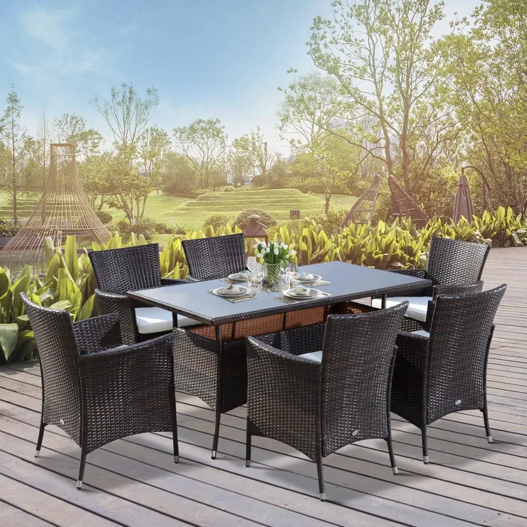 7-piece polyrattan garden furniture rattan garden set seating group dining group including cushions for 6 people brown + cream white 150