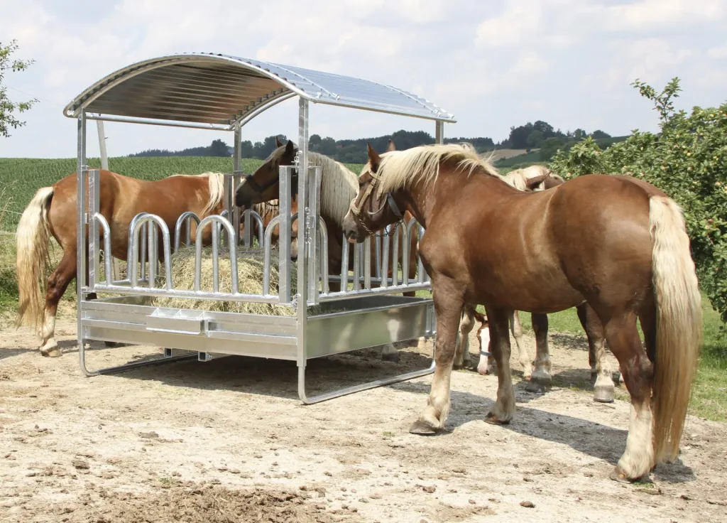 Square hay rack with palisade feeding grid, for cattle and horses