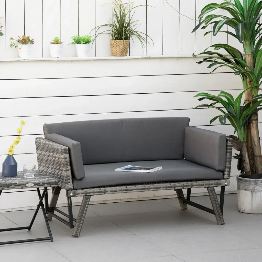 Poly Rattan Garden Bench 2 Seater Garden Furniture Lounge Sofa Folding Armrests Steel Grey 129 x 66 x 67 cm