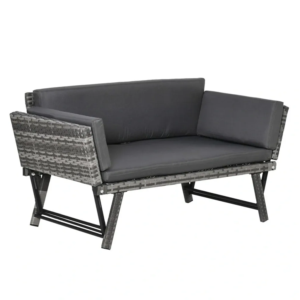Poly Rattan Garden Bench 2 Seater Garden Furniture Lounge Sofa Folding Armrests Steel Grey 129 x 66 x 67 cm