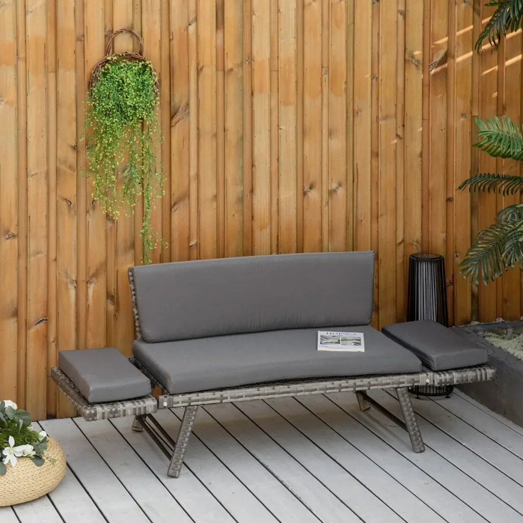 Poly Rattan Garden Bench 2 Seater Garden Furniture Lounge Sofa Folding Armrests Steel Grey 129 x 66 x 67 cm