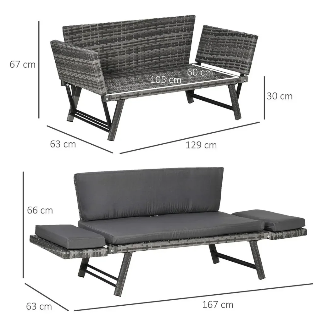 Poly Rattan Garden Bench 2 Seater Garden Furniture Lounge Sofa Folding Armrests Steel Grey 129 x 66 x 67 cm