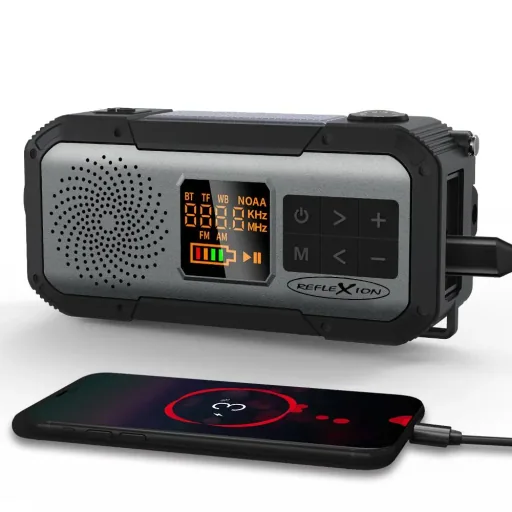 Emergency outdoor solar crank radio with SOS flashlight, FM, Bluetooth, rechargeable battery