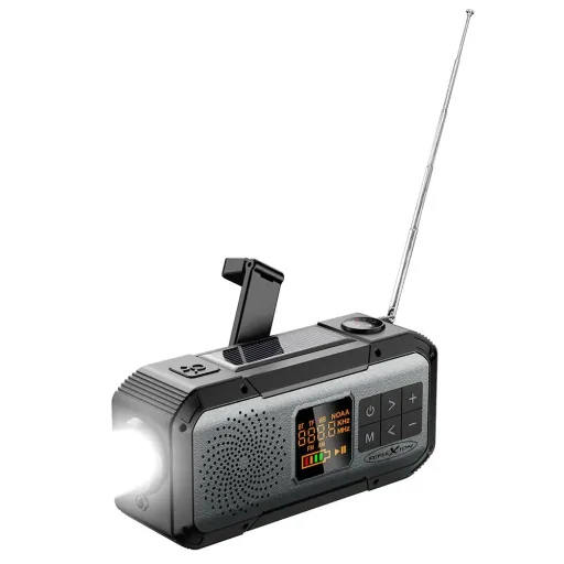 Emergency outdoor solar crank radio with SOS flashlight, FM, Bluetooth, rechargeable battery