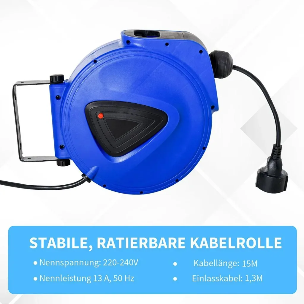 Cable drum 15 m + 1.3 m cable automatic cable reel outdoor reel power cable rotatable wall bracket, PP, rubber, Me