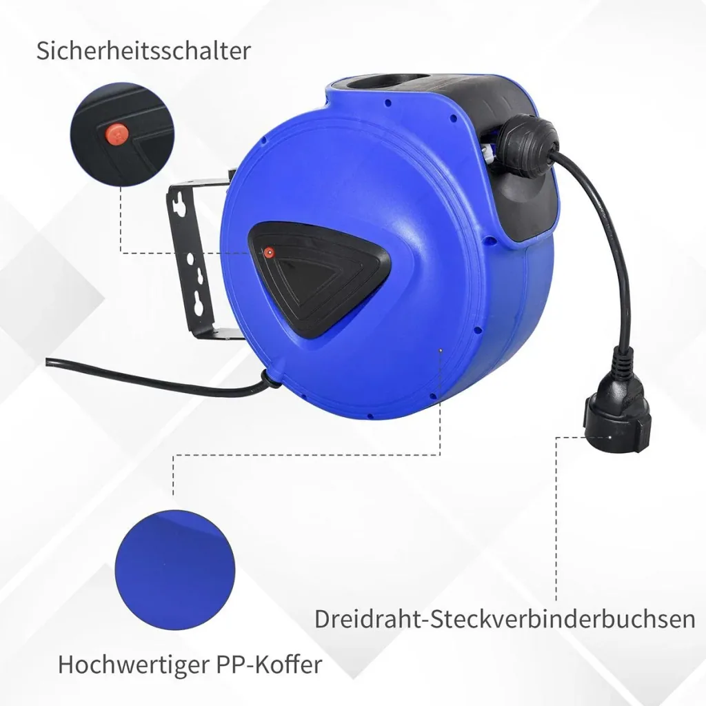 Cable drum 15 m + 1.3 m cable automatic cable reel outdoor reel power cable rotatable wall bracket, PP, rubber, Me