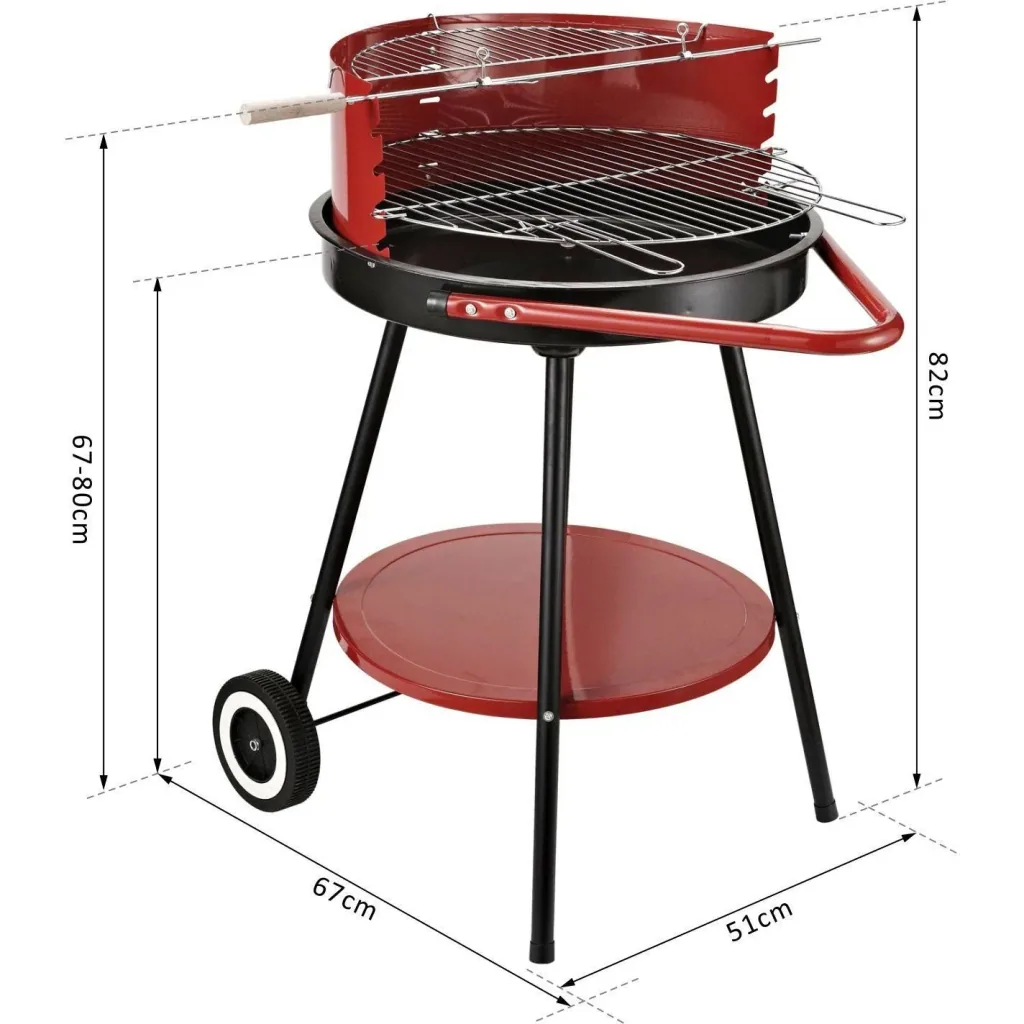 Charcoal grill round grill on wheels with shelf metal red