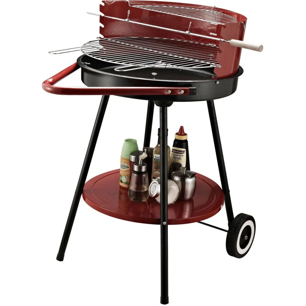 Charcoal grill round grill on wheels with shelf metal red