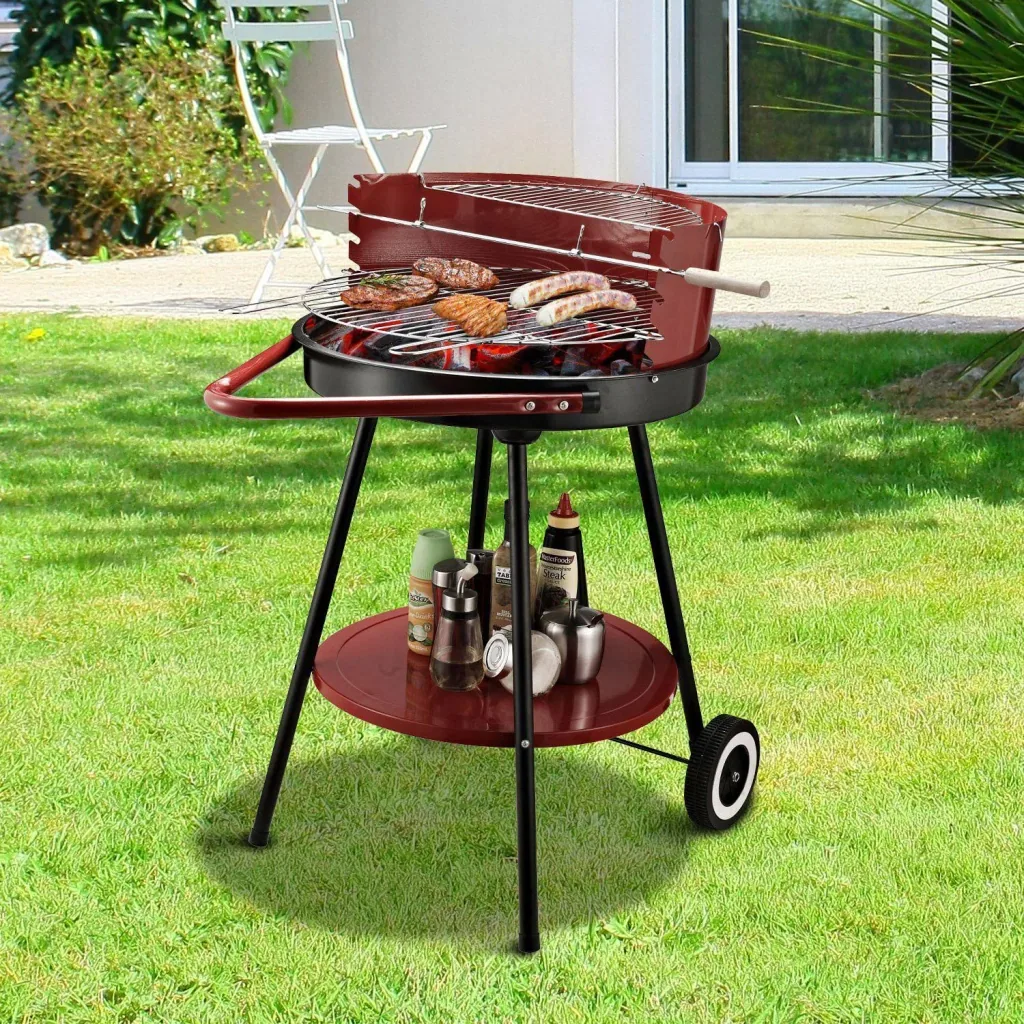 Charcoal grill round grill on wheels with shelf metal red