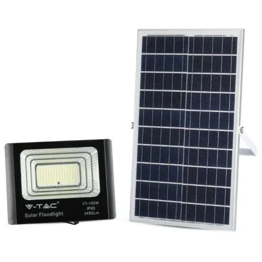 VT-100W Solar Floodlight with Solar Panel - 2450 Lm - 6000K - Black