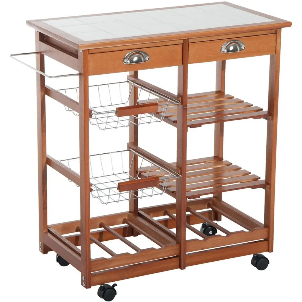 Wooden kitchen trolley with 2 drawers and bottle rack