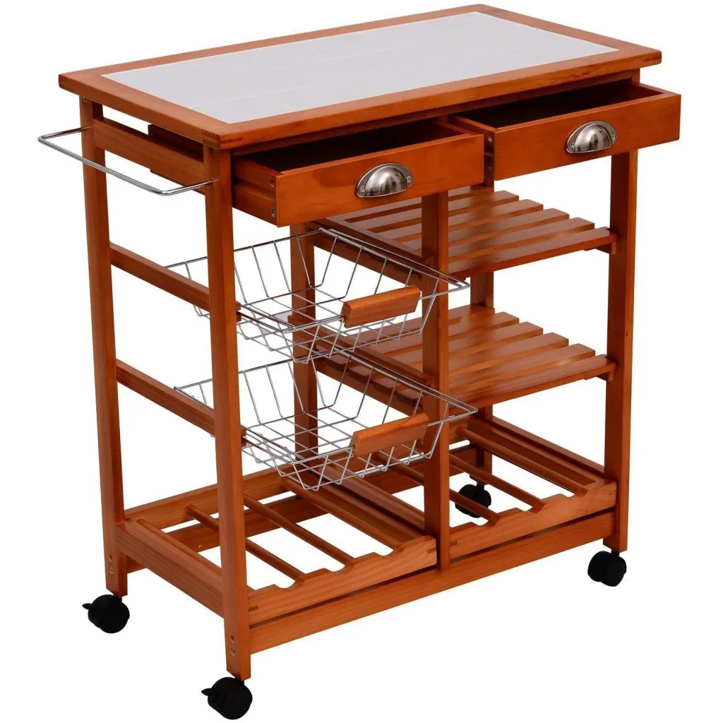 Wooden kitchen trolley with 2 drawers and bottle rack