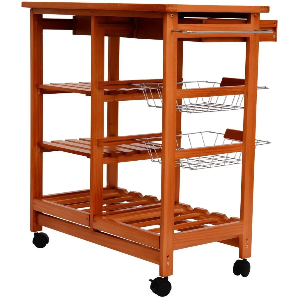 Wooden kitchen trolley with 2 drawers and bottle rack
