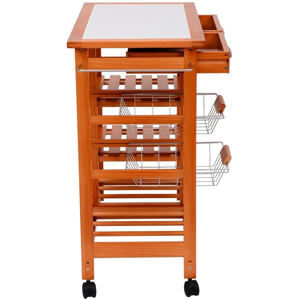 Wooden kitchen trolley with 2 drawers and bottle rack