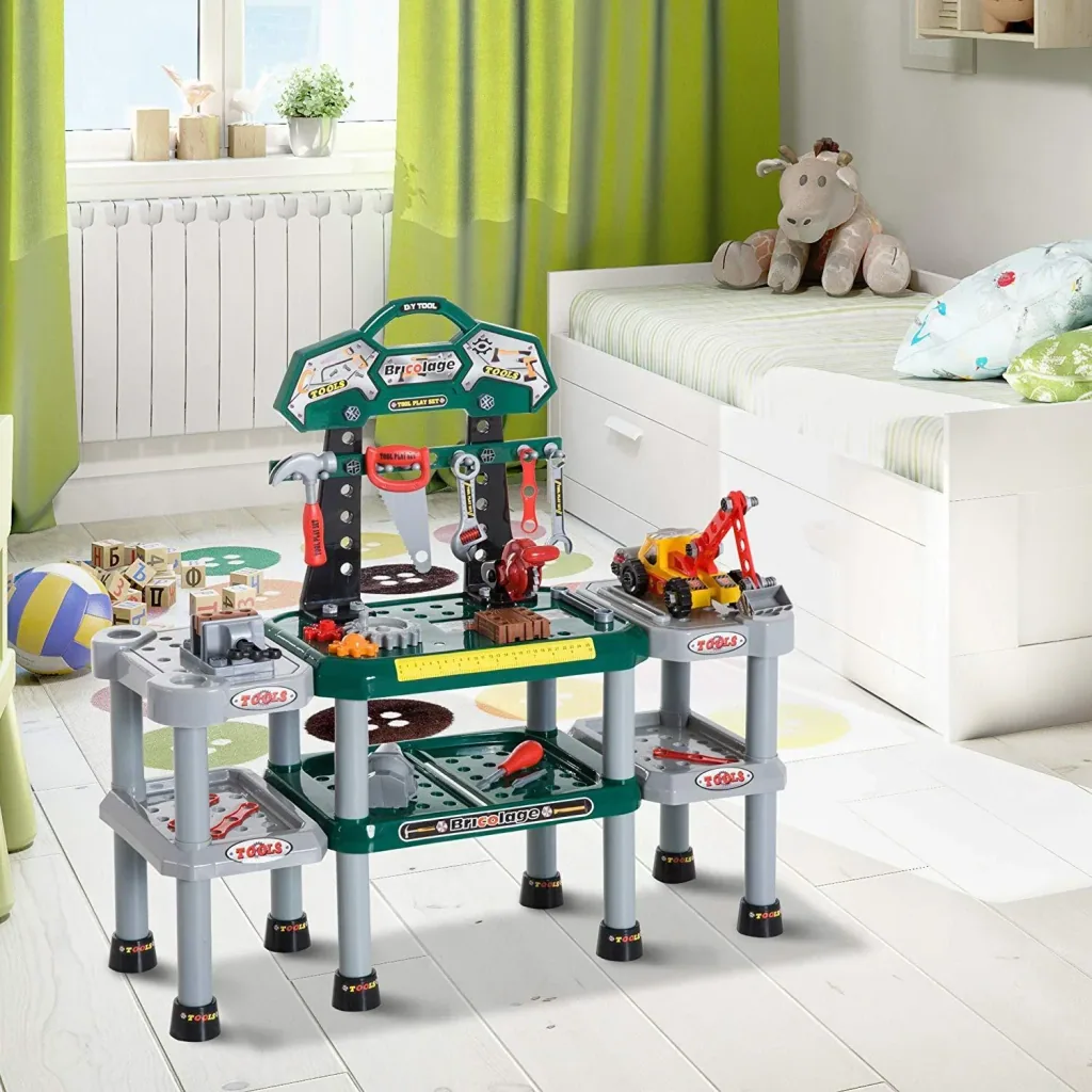 Children's work table workbench table with 121 accessories role play green
