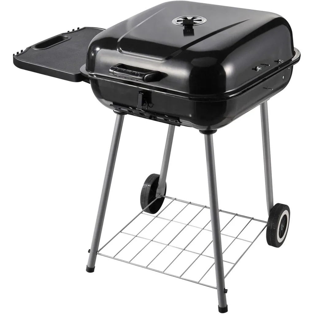 Charcoal grill, grill cart, stand grill with wind protection, 2 x storage compartments, metal, black, 96 x 61 x 83 cm