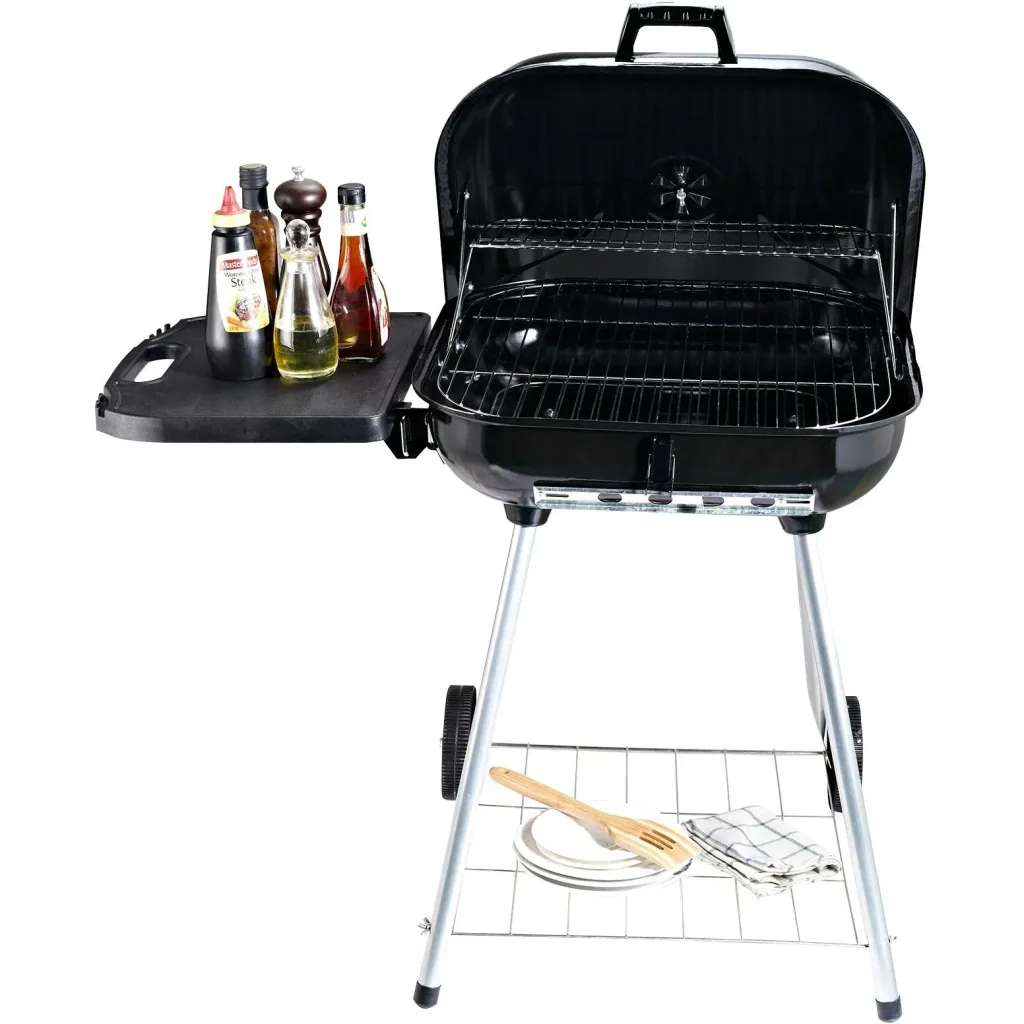 Charcoal grill, grill cart, stand grill with wind protection, 2 x storage compartments, metal, black, 96 x 61 x 83 cm