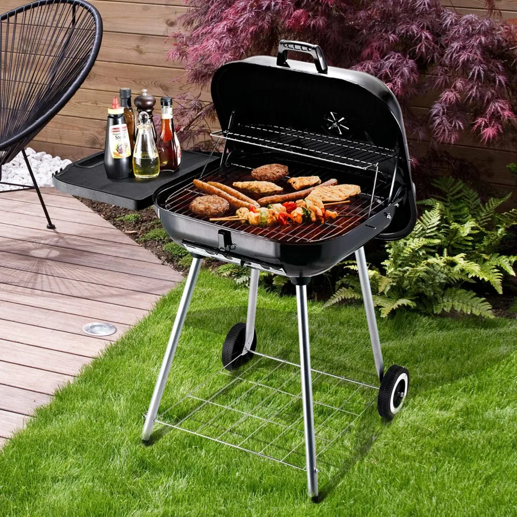 Charcoal grill, grill cart, stand grill with wind protection, 2 x storage compartments, metal, black, 96 x 61 x 83 cm