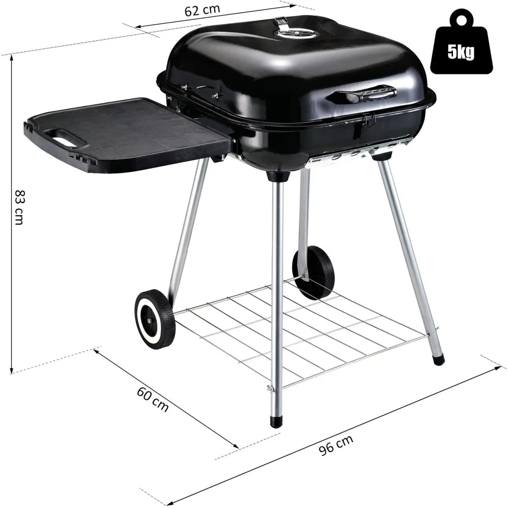 Charcoal grill, grill cart, stand grill with wind protection, 2 x storage compartments, metal, black, 96 x 61 x 83 cm