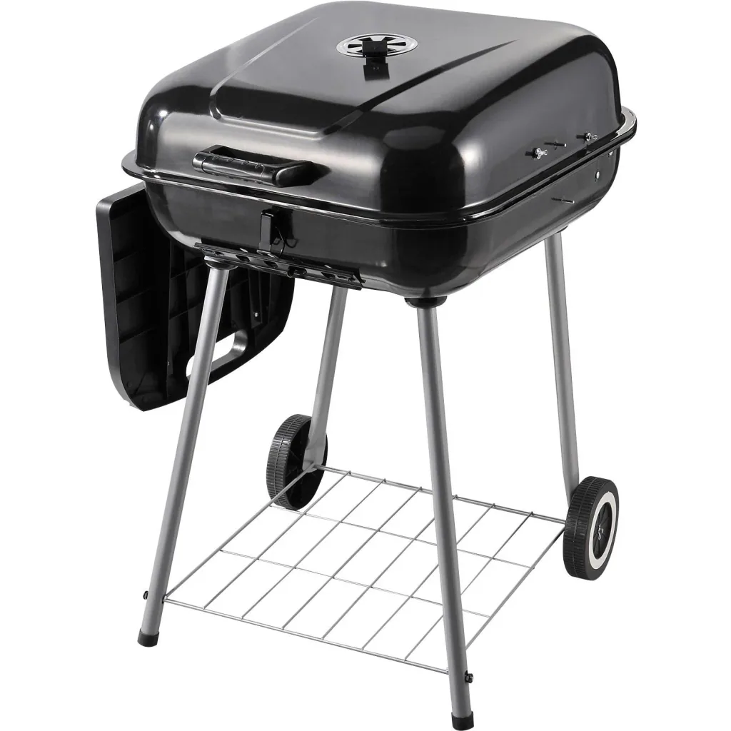 Charcoal grill, grill cart, stand grill with wind protection, 2 x storage compartments, metal, black, 96 x 61 x 83 cm