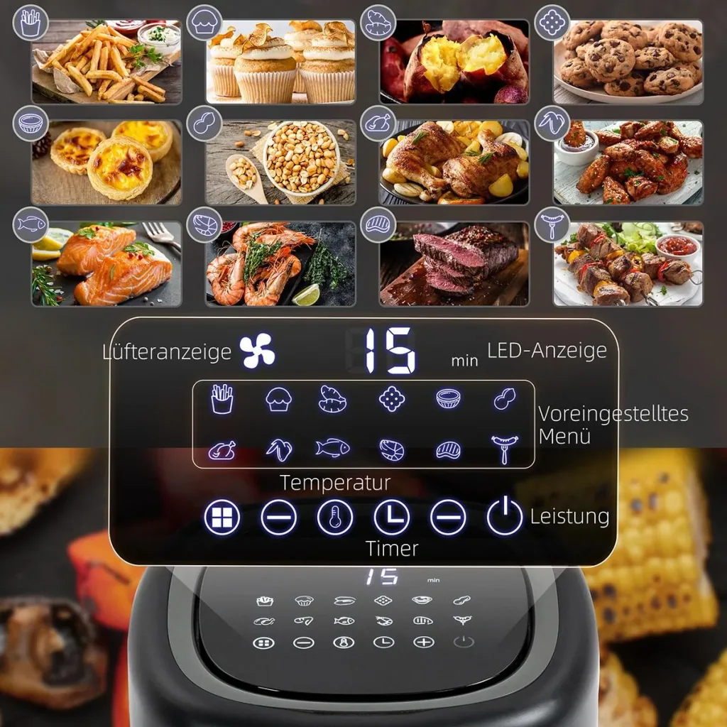 Hot Air Fryer 3 L 1300W with 12 Menus LED Display Non-Stick Basket Black 29.5 x 23.8 x 30.3 cm