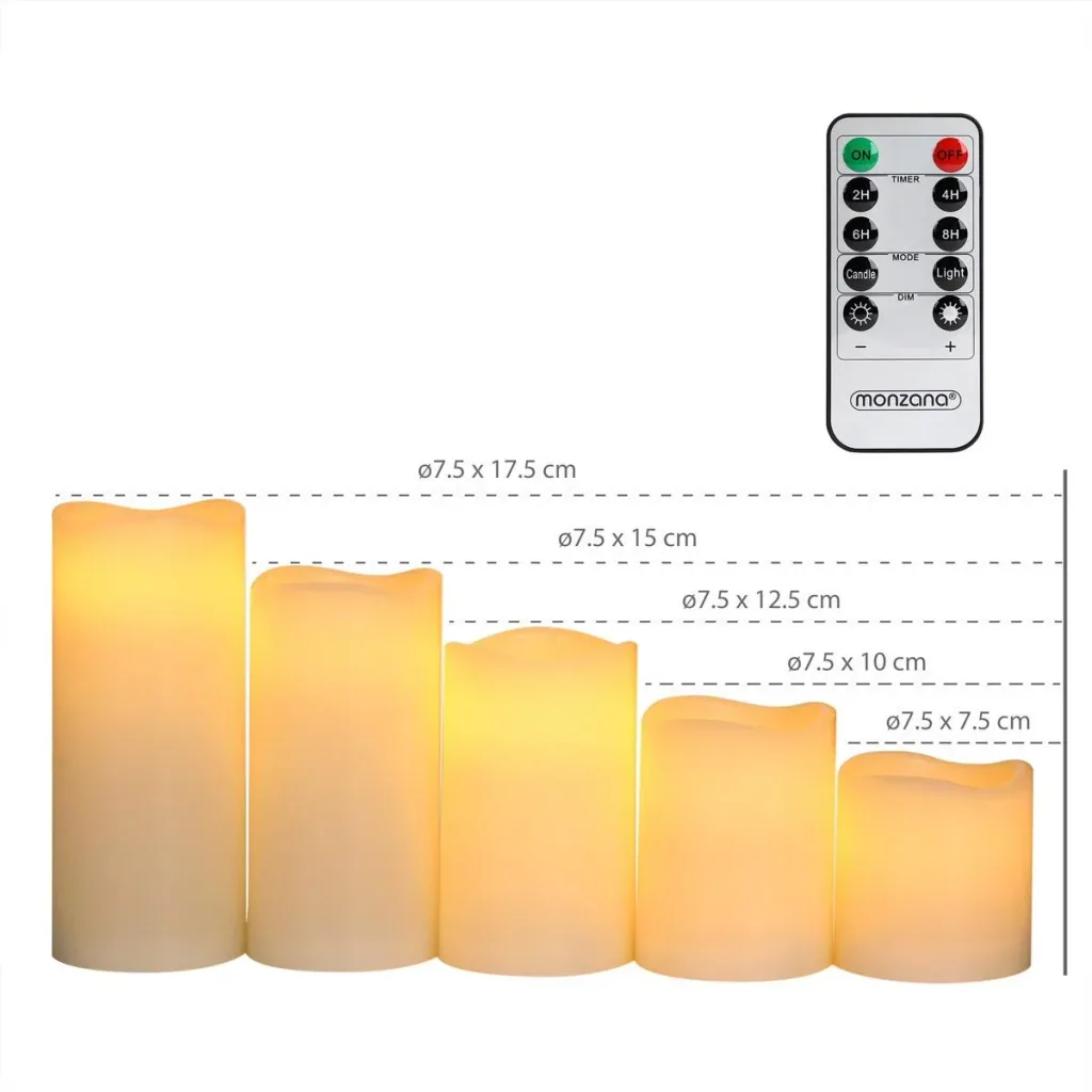 5 LED flickering real wax candles white with remote control & timer