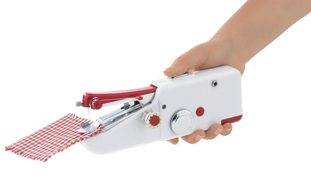 Mini hand sewing machine, compact, white/red