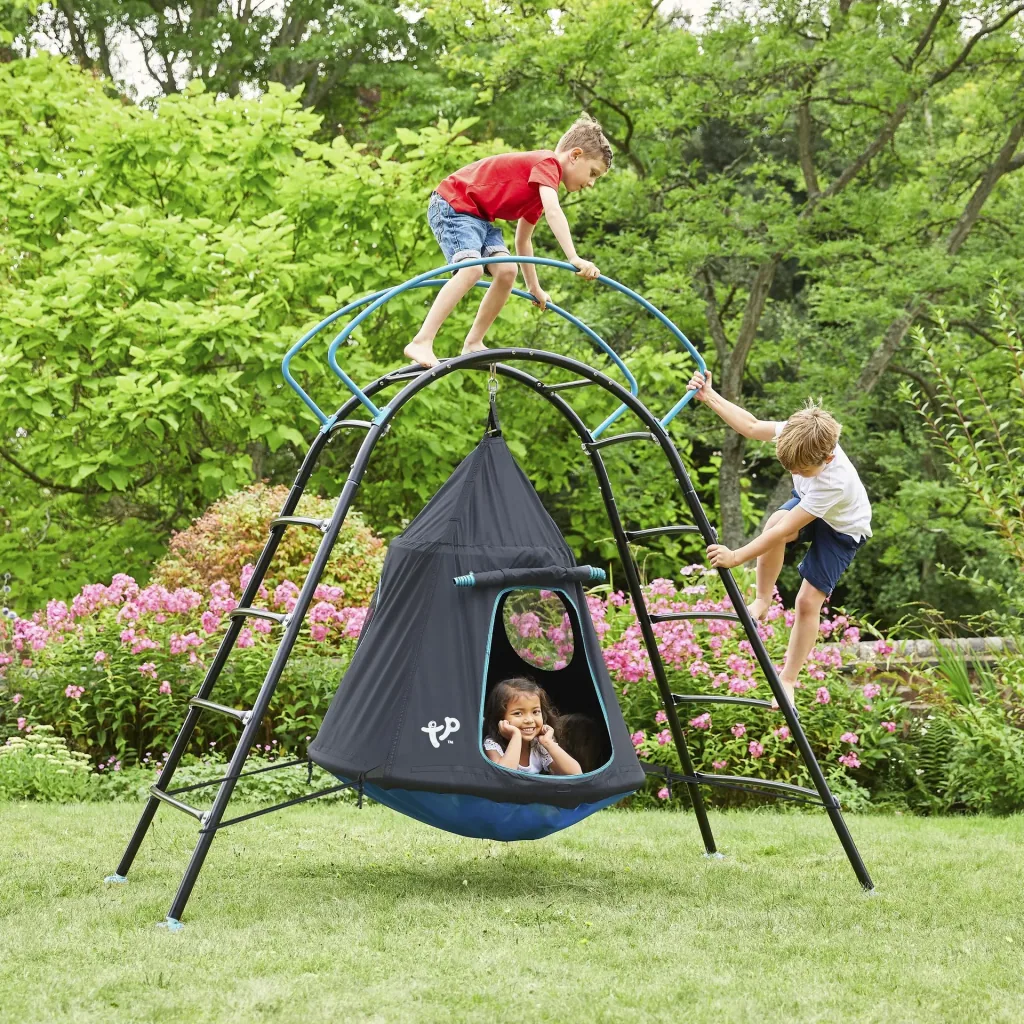 UFO Climbing Frame with Hanging Chair 217×122×201 cm Black – Steel Frame & Curved Ladder