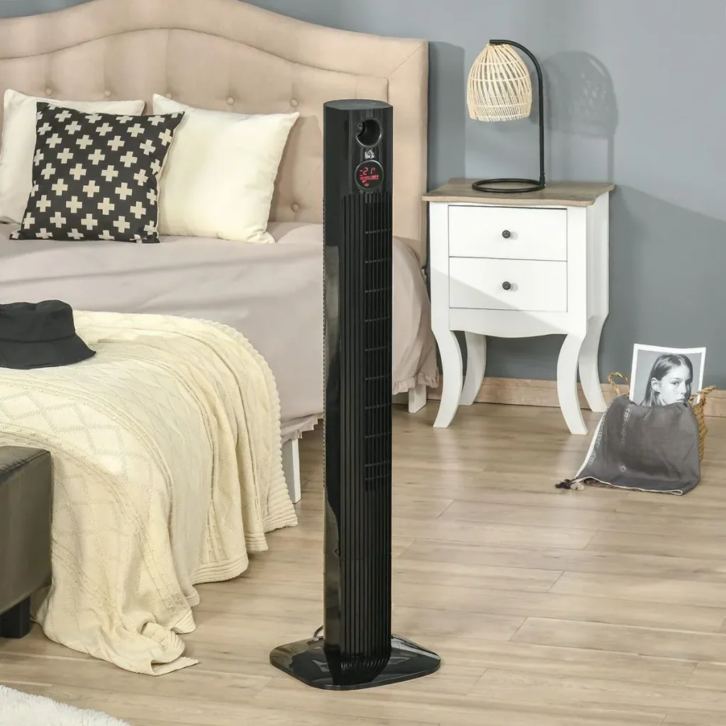 Tower fan aroma diffuser timer function 3 ventilation levels 45W 70° oscillation black 31.5 x 31.5 x 117 cm