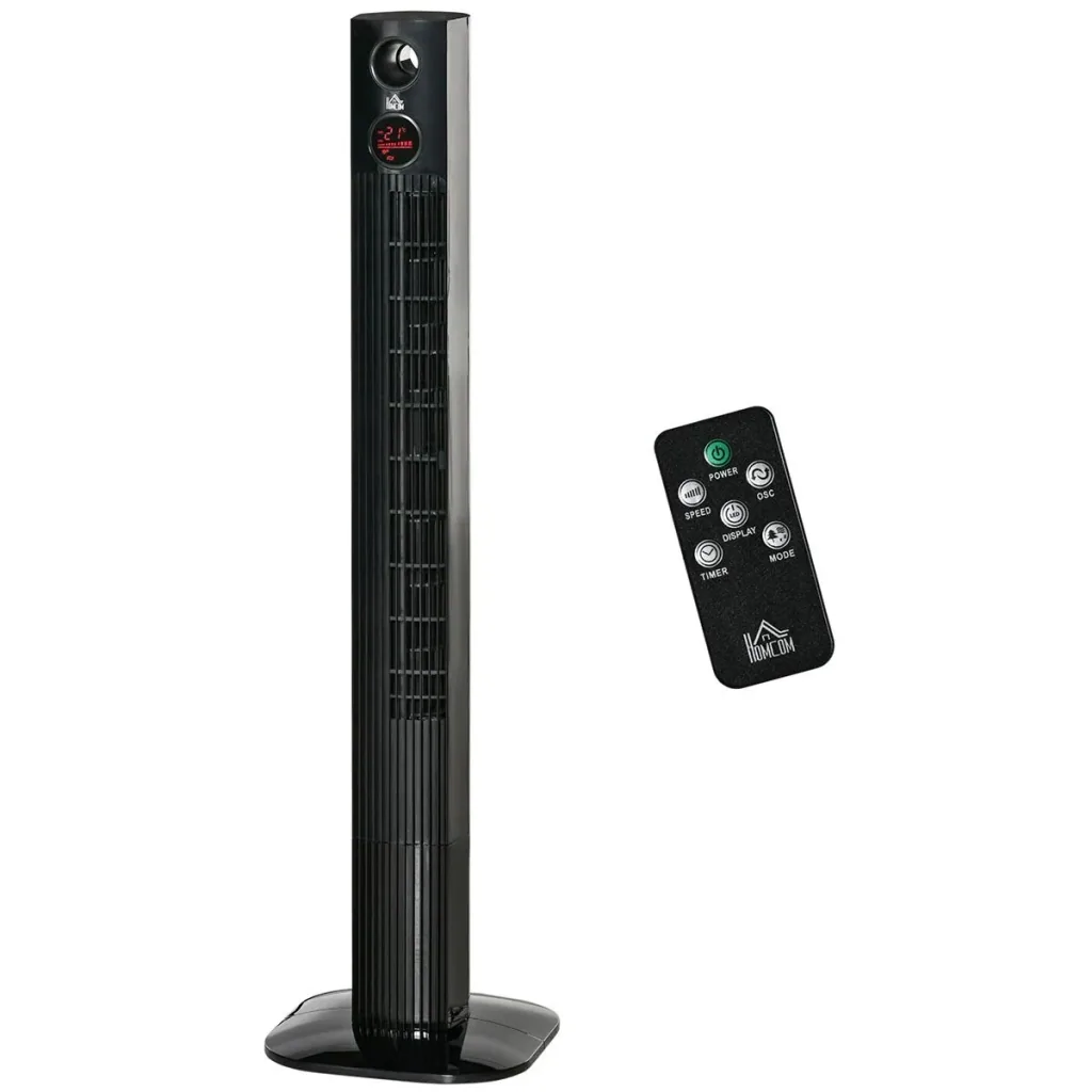 Tower fan aroma diffuser timer function 3 ventilation levels 45W 70° oscillation black 31.5 x 31.5 x 117 cm