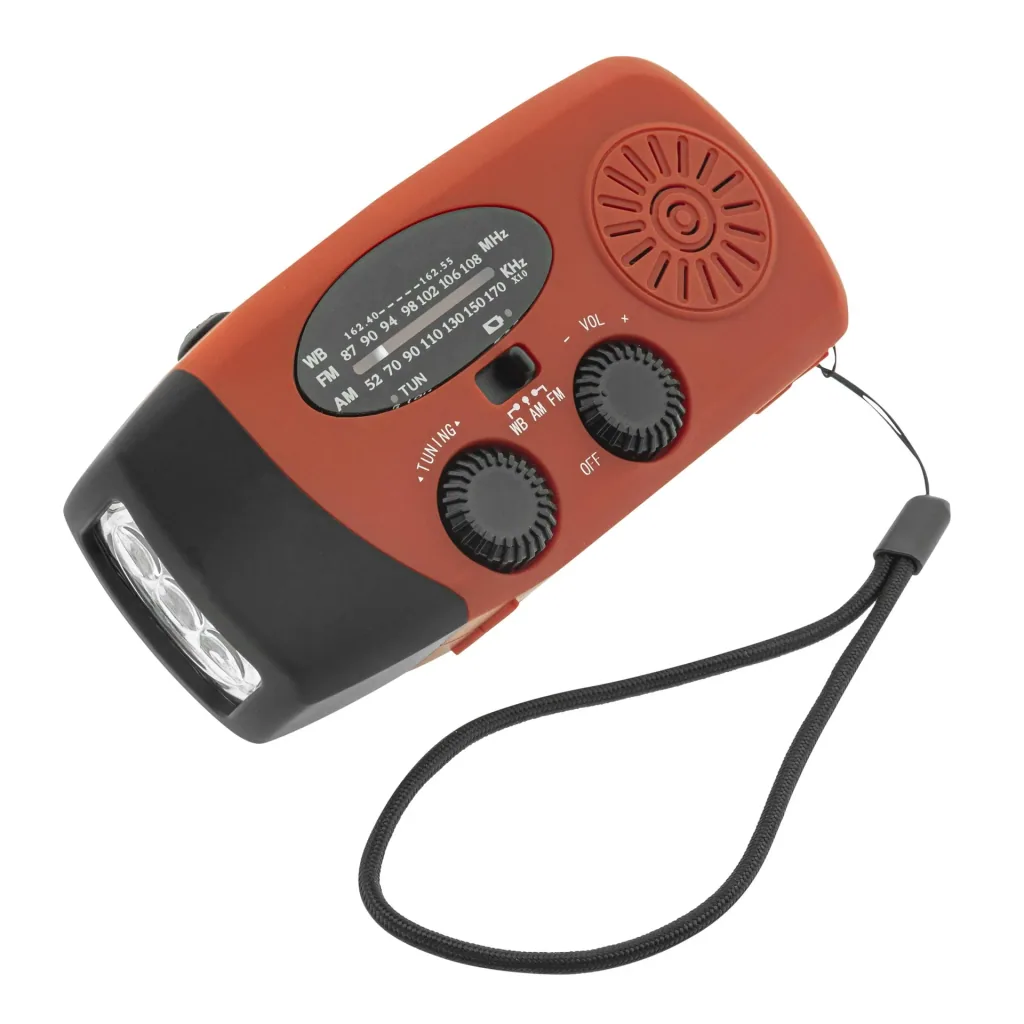 Portable solar crank radio with flashlight, power bank function