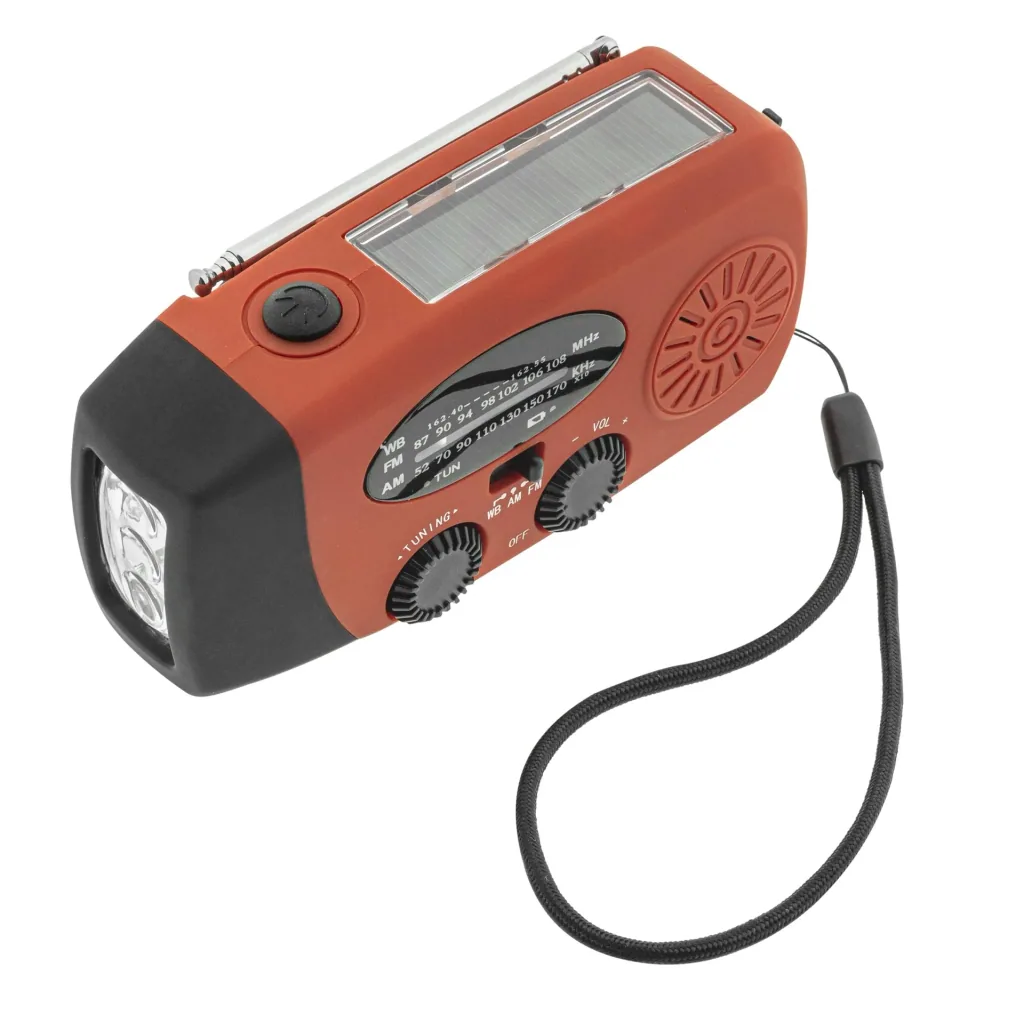 Portable solar crank radio with flashlight, power bank function