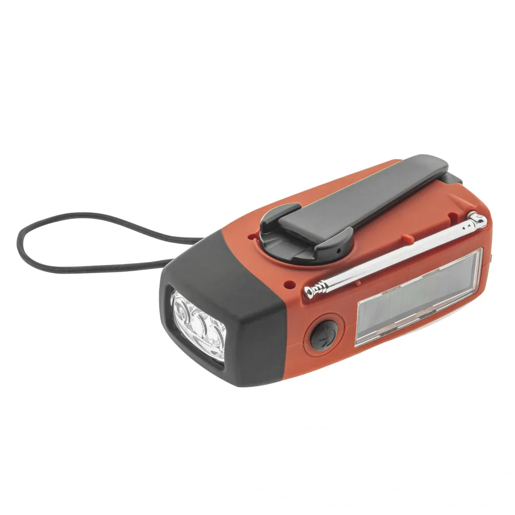 Portable solar crank radio with flashlight, power bank function