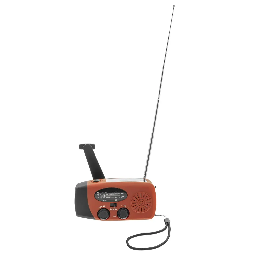 Portable solar crank radio with flashlight, power bank function