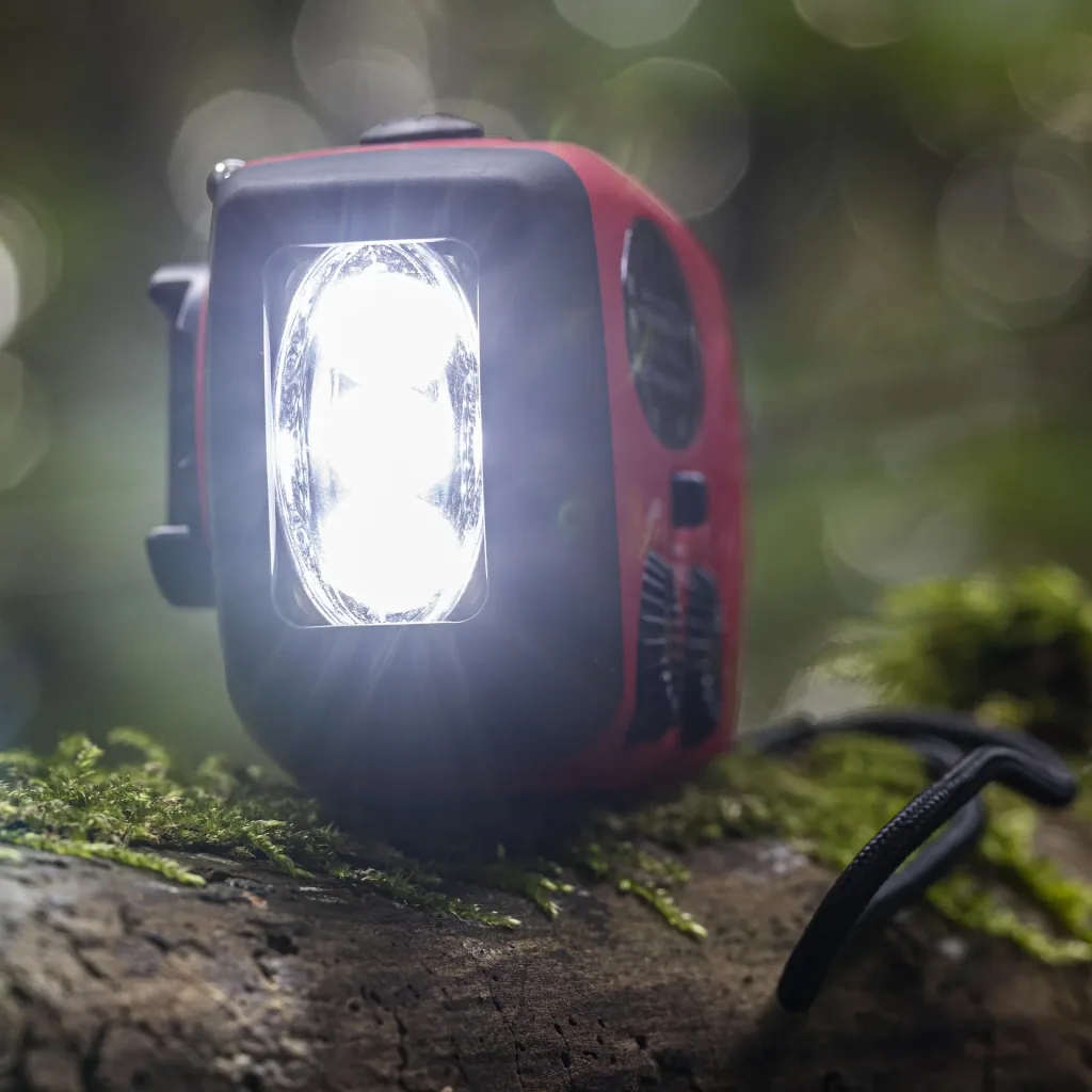 Portable solar crank radio with flashlight, power bank function