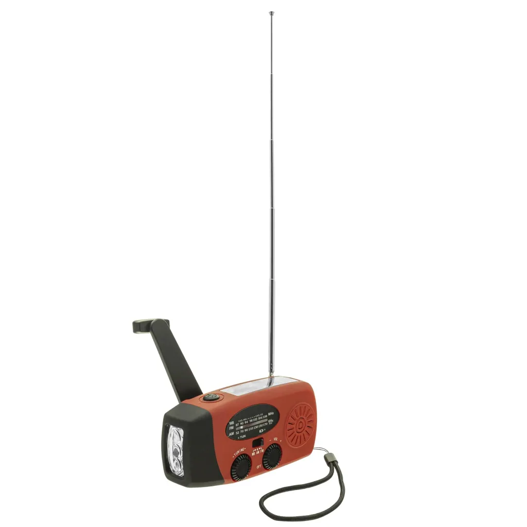 Portable solar crank radio with flashlight, power bank function