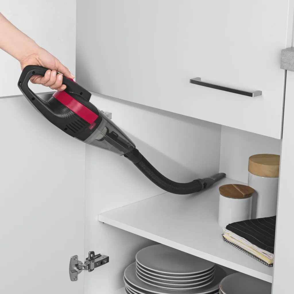 Cordless handheld vacuum cleaner, wet/dry, gray/red, 7.4 volts